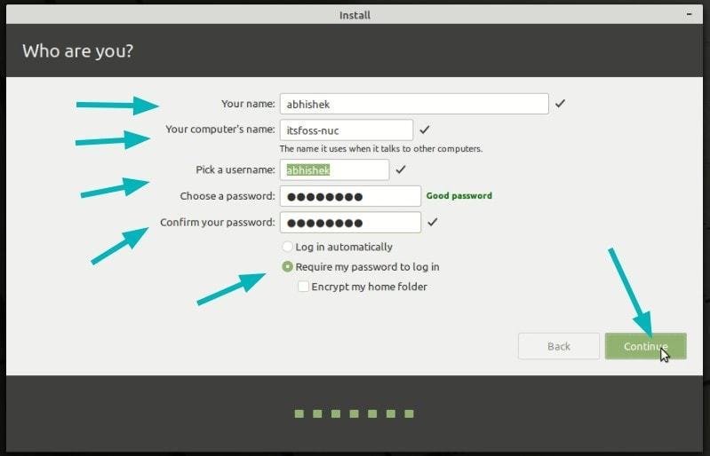 在安裝Linux Mint時創建用戶